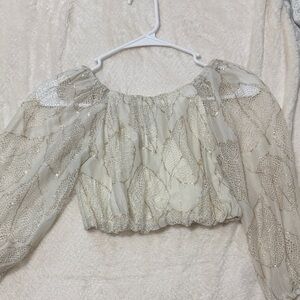 Zara Cream Metallic-Leaf Off-Shoulder Long-Sleeve Crop Top